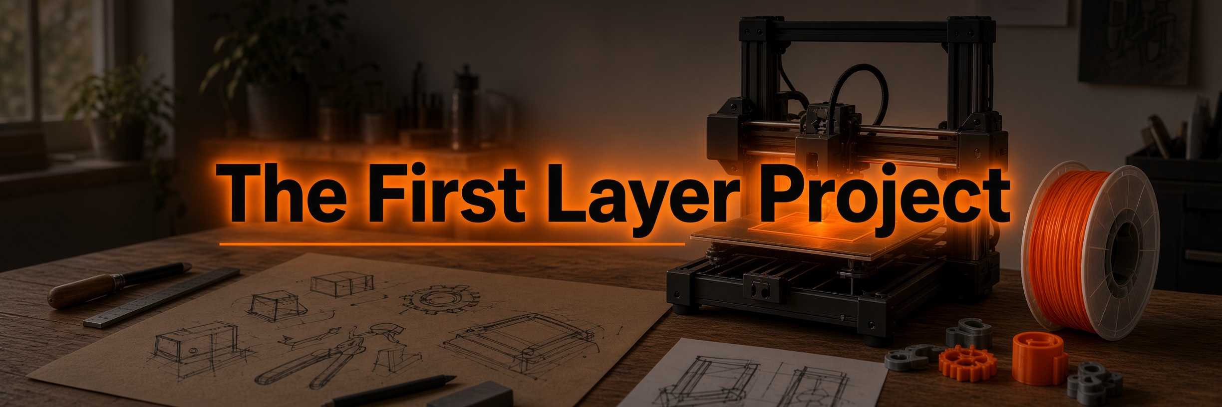 The First Layer Project: a workshop printer laying down an orange first layer.